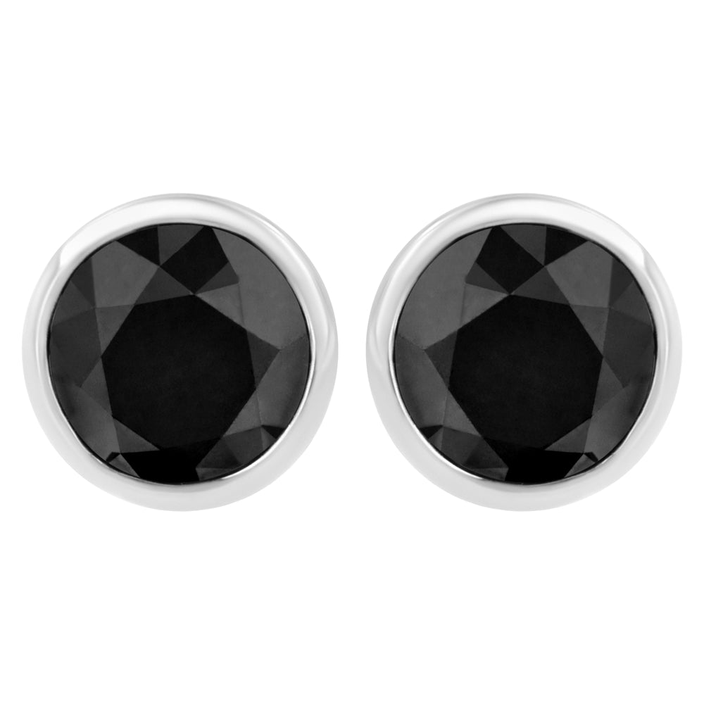 .925 Sterling Silver 4.00 Cttw Round Brilliant-Cut Black Diamond Bezel-Set Stud Earrings with Screw Backs (Fancy Color-Enhanced, I2-I3 Clarity)