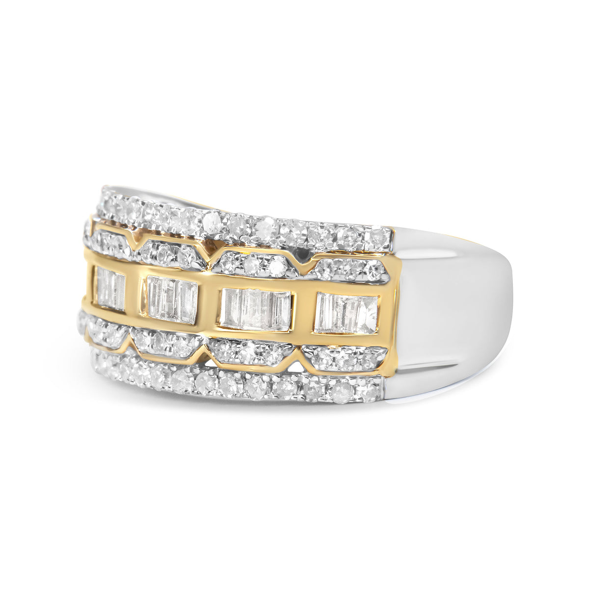 Anillo de oro blanco y amarillo de 10K con diamantes baguette y de talla redonda de 1,00 quilates, estilo Art Déco, multihilera (color I-J, claridad I1-I2) - Talla 7