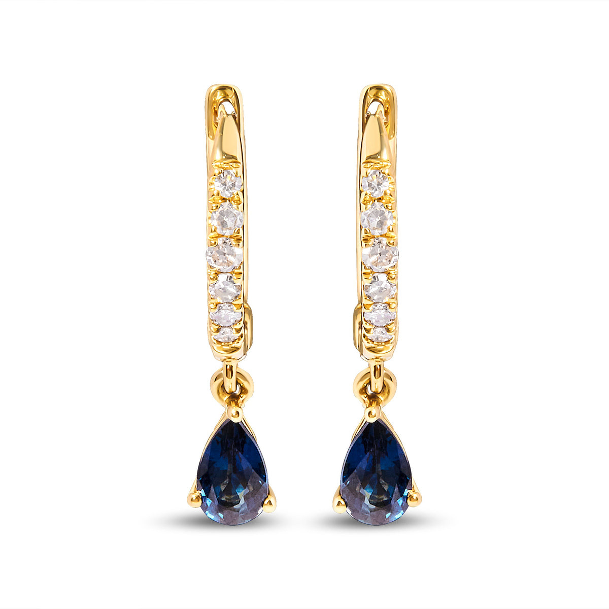 Pendientes de aro tipo Huggie con colgante de gota de zafiro azul con forma de pera de oro amarillo de 10 qt y diamantes de 1/10 ct. (color H-I, claridad I1-I2)