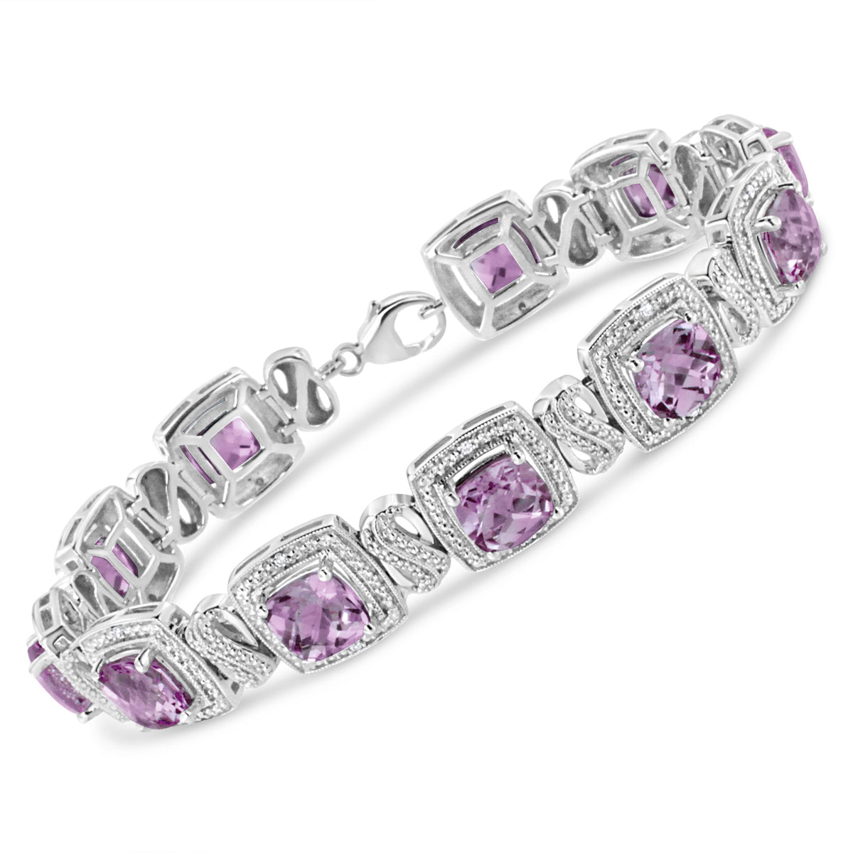 Pulsera de tenis de plata de ley .925 de 7x7 mm con amatista púrpura de corte cojín y diamante redondo de 1/10 cttw con forma cuadrada (color I-J, claridad I1-I2) - 7"