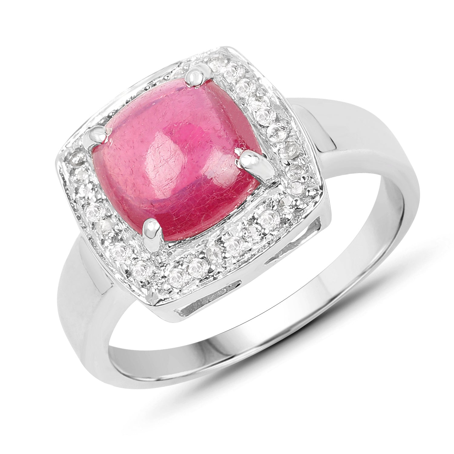 Anillo de Plata de Ley .925 con Rubí Relleno de Cristal de 3.31 Quilates y Topacio Blanco