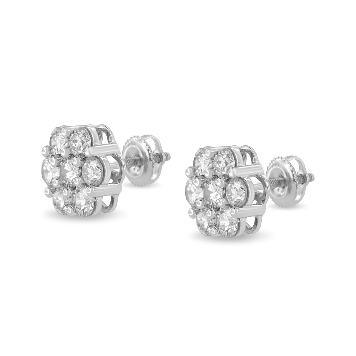 Pendientes de botón con forma de flor y diamantes redondos de 3 ct en total engarzados con puntas, oro blanco de 14 K (color I-J, claridad SI1-SI2)