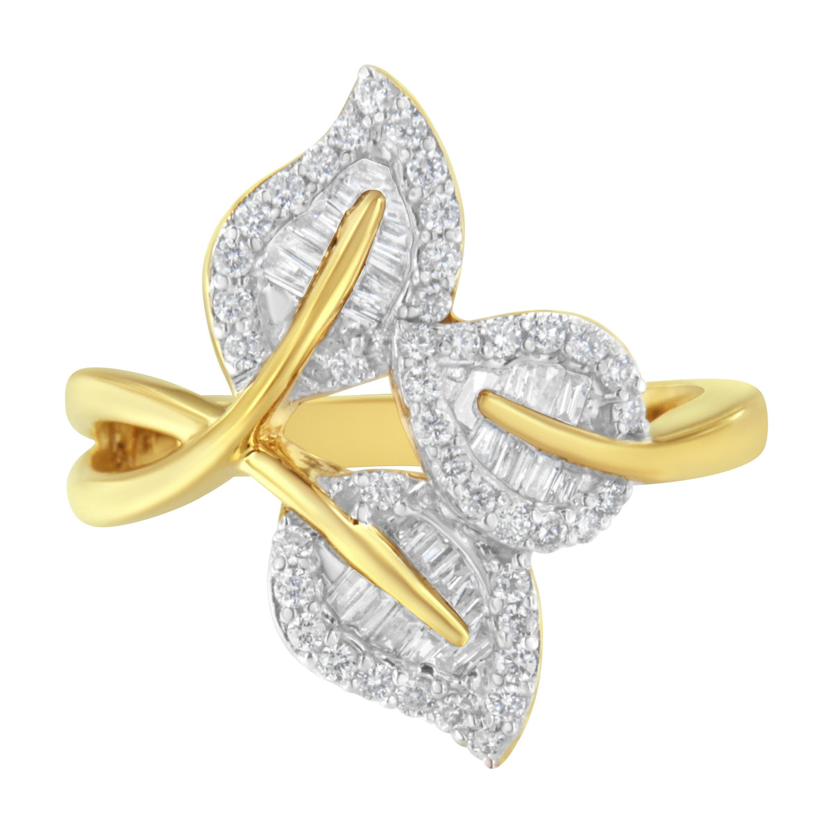Anillo de oro amarillo y blanco de 10k con diamantes de talla baguette y redonda de 1/2 quilate (color I-J, claridad I1-I2) - Talla 7
