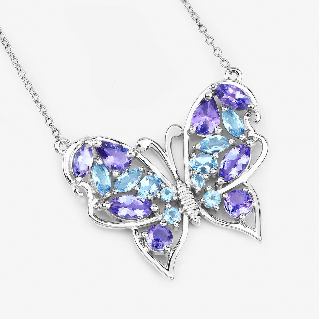 Collar de plata de ley .925 con tanzanita genuina de 3.60 quilates y topacio azul suizo
