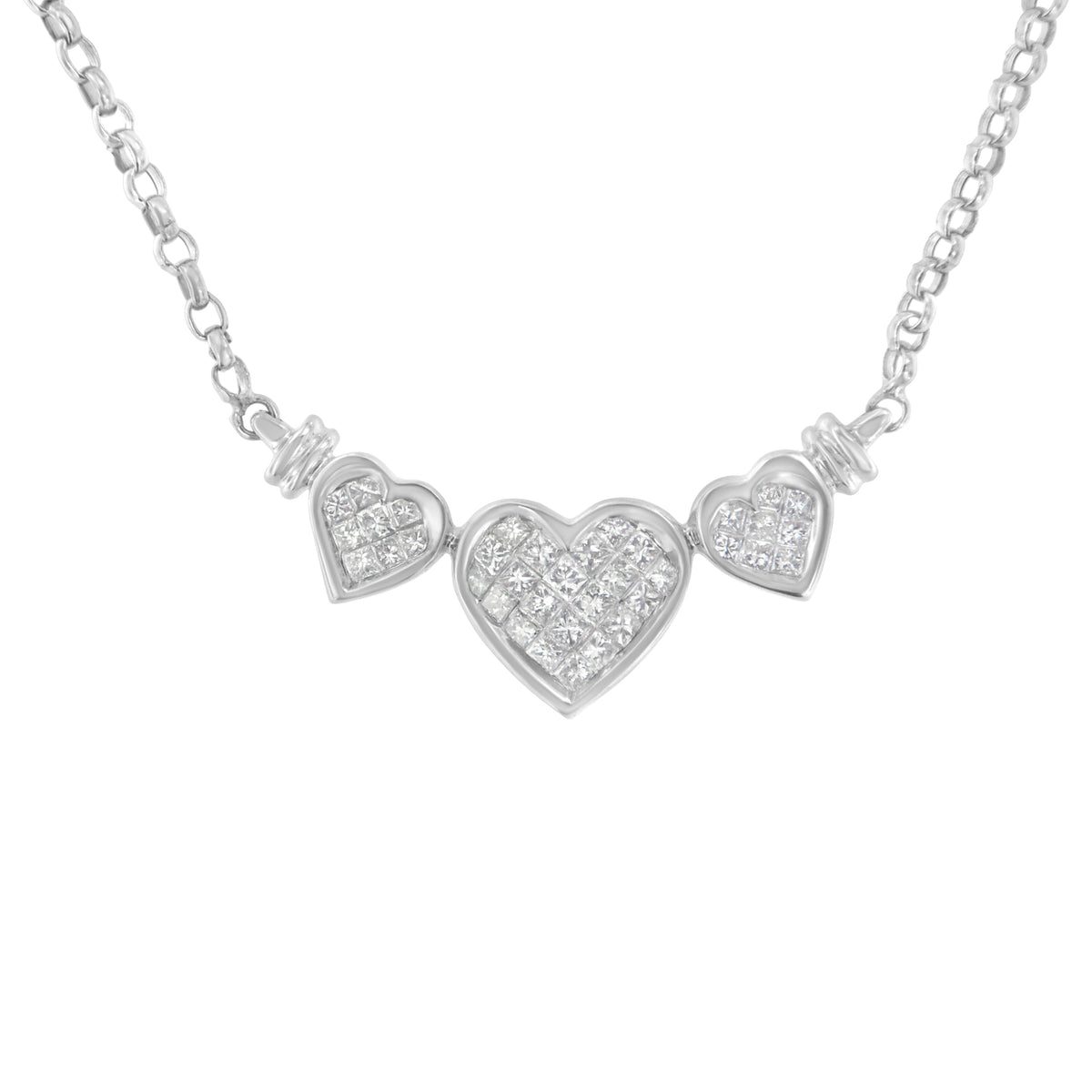 Collar con colgante de declaración de 45,72 cm con tres corazones de oro blanco de 14K y diamantes talla princesa de 1,0 quilates (color H-I, claridad SI2-I1)