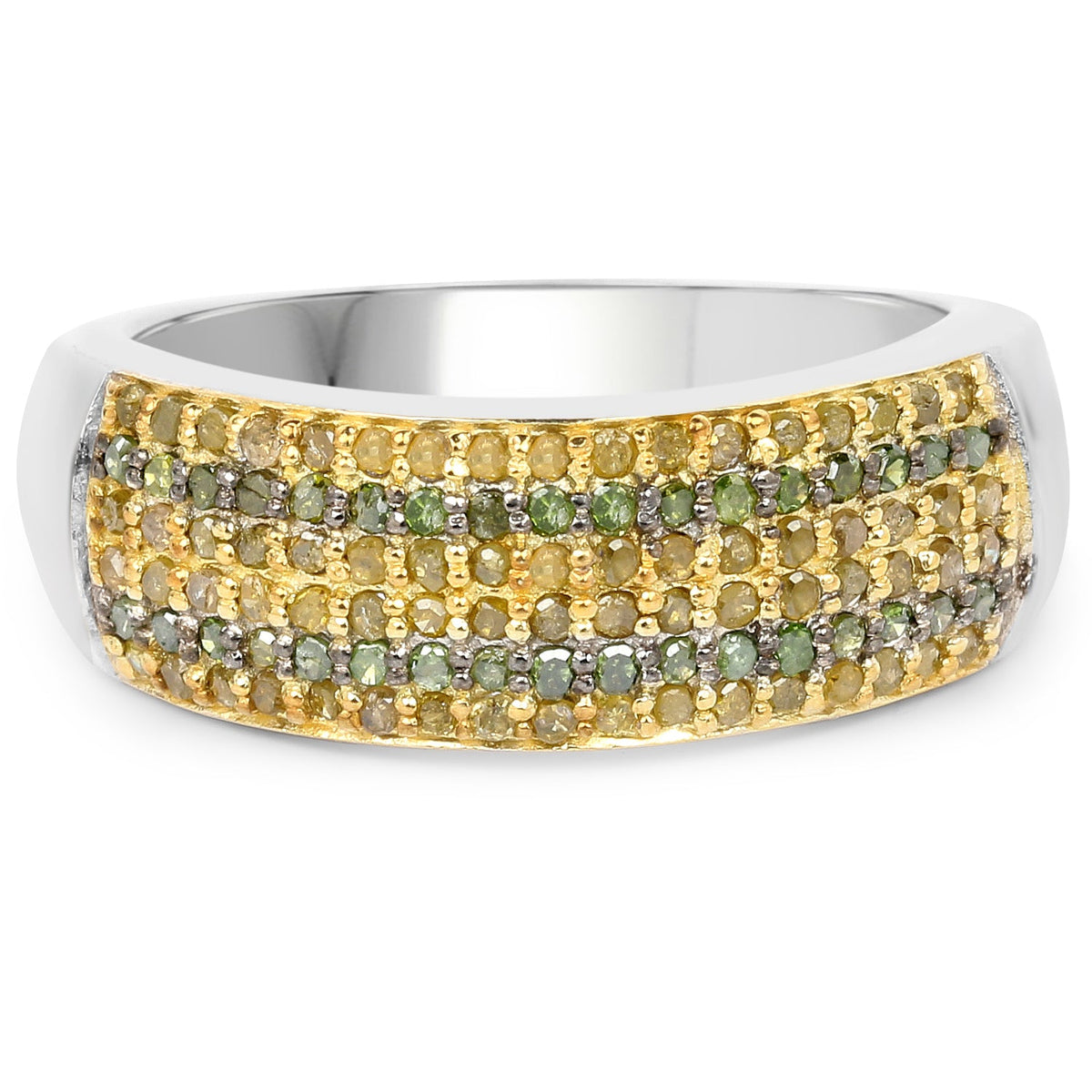 Anillo de plata de ley .925 con diamantes verdes y amarillos auténticos de 0.43 quilates