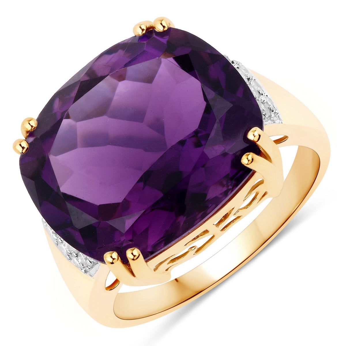 Anillo de oro amarillo de 14K con amatista auténtica de 11,42 quilates y diamantes blancos