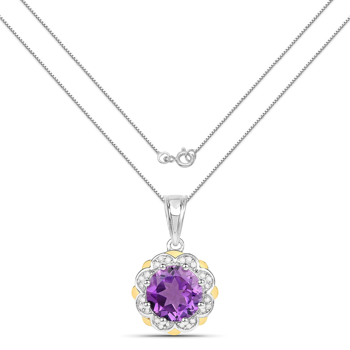 Colgante de 1,87 quilates de amatista genuina y diamantes blancos en oro amarillo de 14K con plata esterlina .925