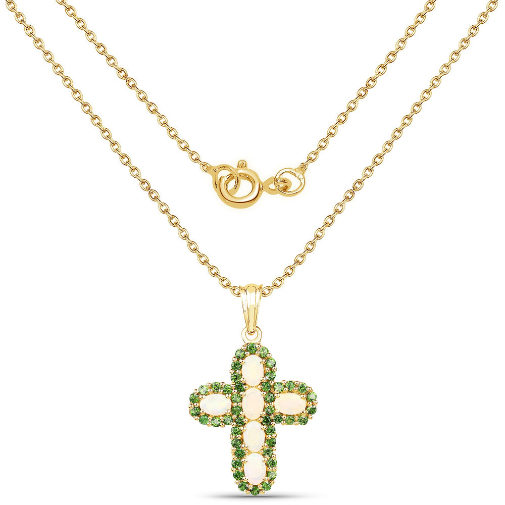 14K Yellow Gold Plated 3.11 Carat Genuine Ethiopian Opal and Chrome Diopside .925 Sterling Silver Pendant