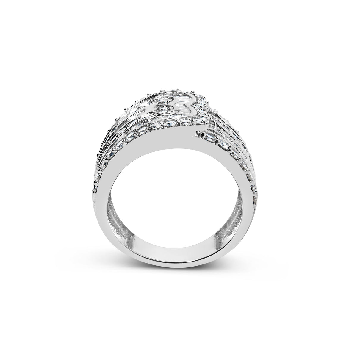 Anillo tipo bypass multihilera de oro blanco de 10K con diamantes redondos y de talla baguette de 2 1/2 ct. (color J-K, claridad I2-I3) - Talla de anillo 7