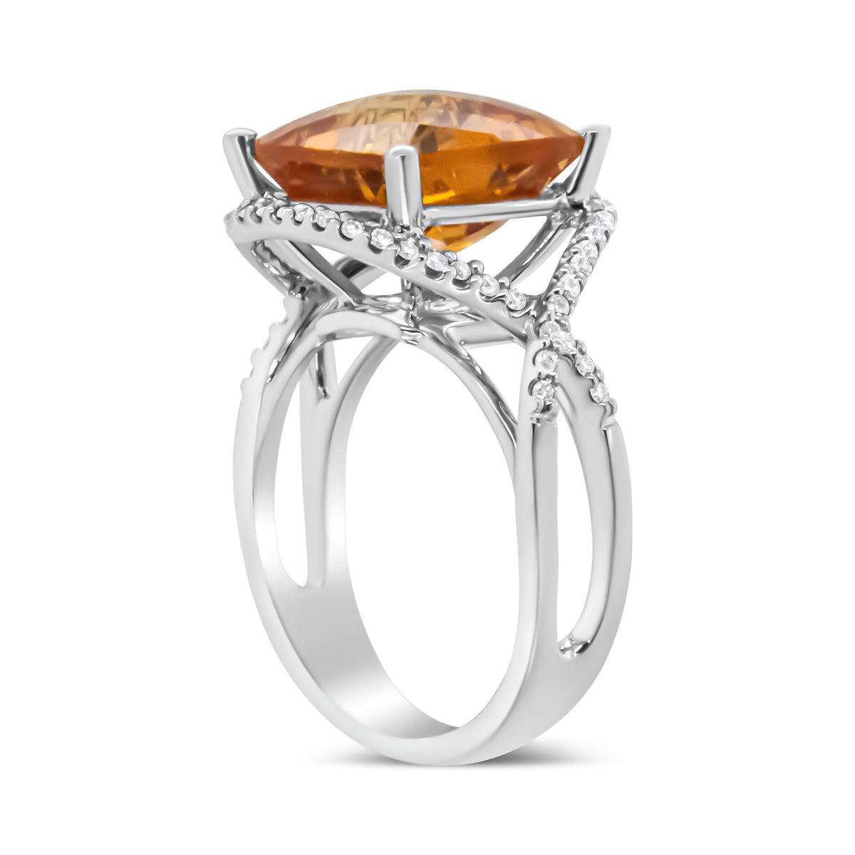 Anillo de Oro Blanco de 14K con Citrino Amarillo de Corte Cojín de 12mm y Diamantes Redondos con Engaste Pavé de 1/3 Cttw - (Color H-I, Claridad VS1-VS2) - Talla 6.5