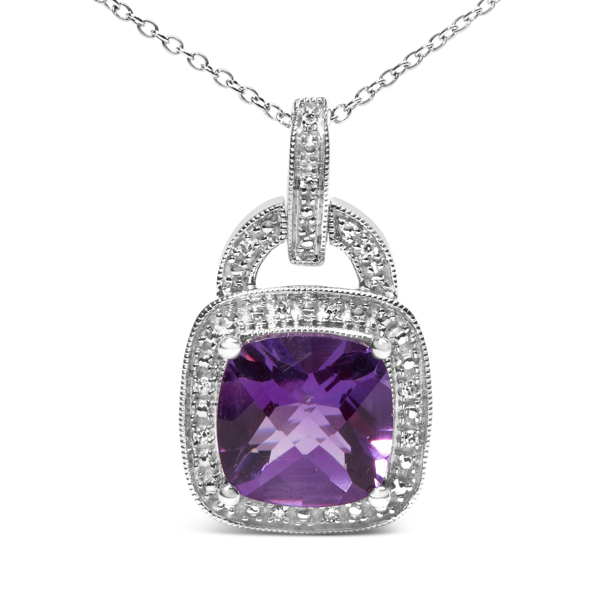 Collar con colgante de plata de ley .925 con amatista morada de talla cojín de 10 x 10 mm y halo con acento de diamante de 18" (color I-J, claridad I1-I2)