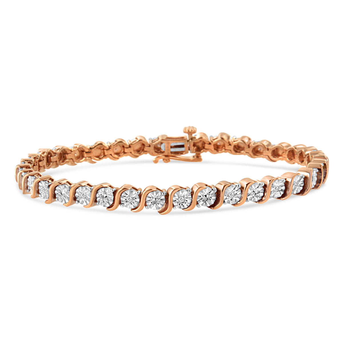 Pulsera de tenis de eslabones en "S" con placa de milagro redonda de diamante de 1/10 ct. (Color I-J, Claridad I2-I3) de plata de ley .925 chapada en oro rosa de 14K - 7"