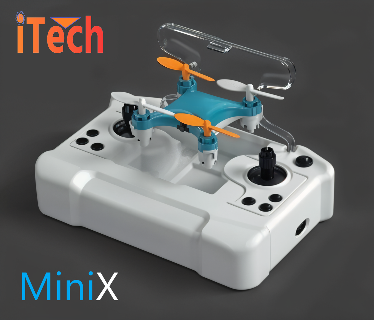 A small blue and orange micro pocket R/C drone with 3D flip tricks capability, displayed on a white remote control.