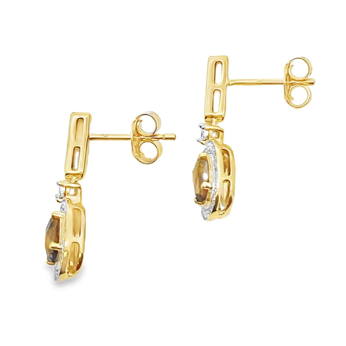 Pendientes colgantes de cuarzo y diamantes de .88 ct, oro amarillo de 10 qt