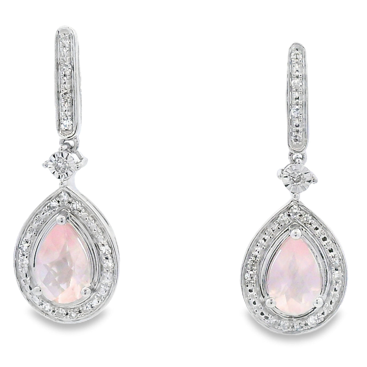 Aretes Colgantes de Cuarzo Rosa y Oro Blanco de 10KT