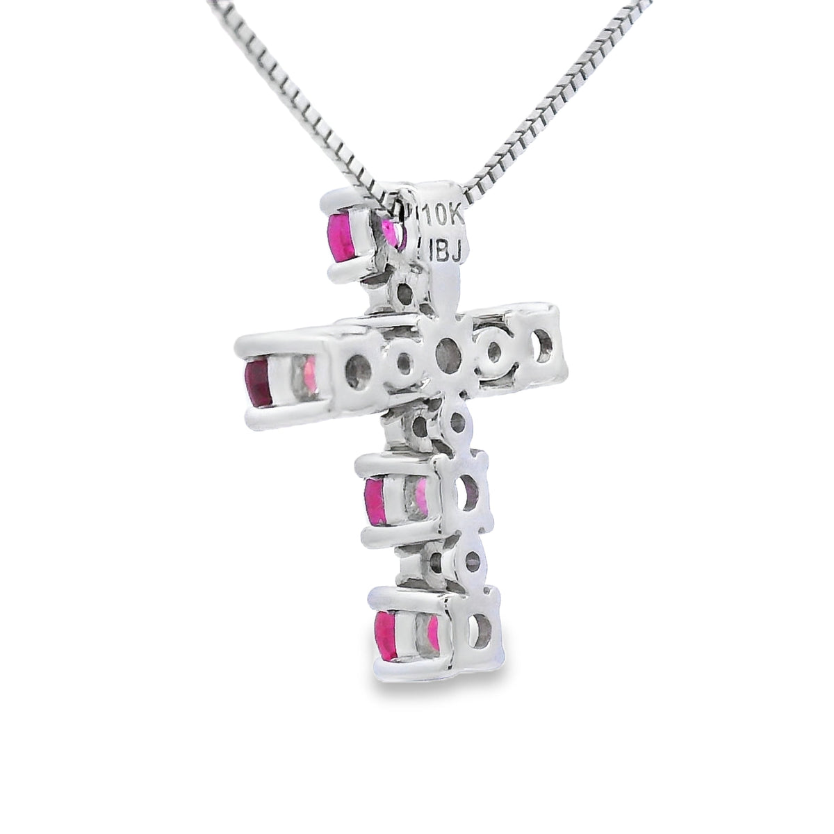 Colgante religioso de cruz con rubíes y diamantes de oro blanco de 10 quilates