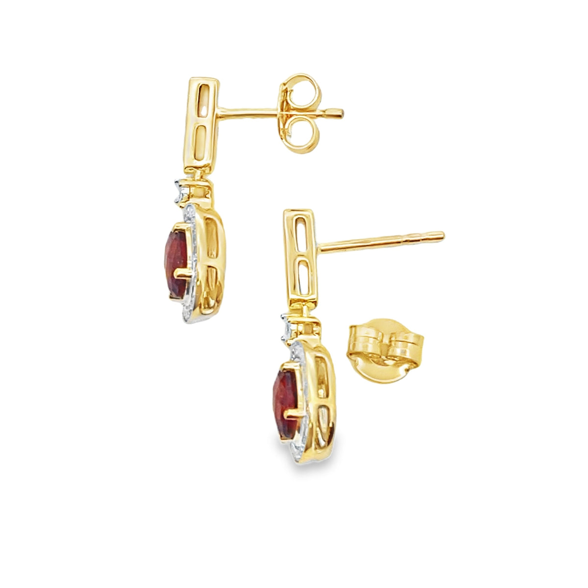 Pendientes colgantes de granate y diamante de 1,20 ct en oro amarillo de 10 kt
