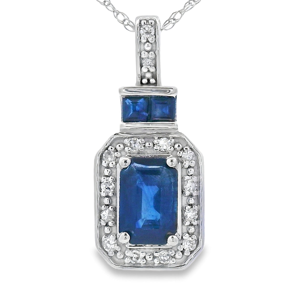 Colgantes de moda de zafiro y diamantes de .84 ct en oro blanco de 14 kt