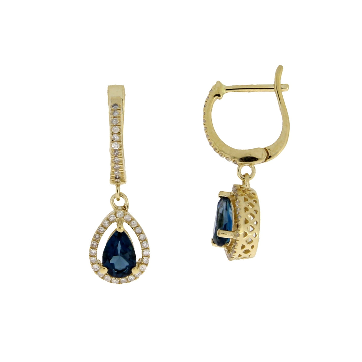 Pendientes colgantes de topacio azul de Londres de oro amarillo de 14 kt
