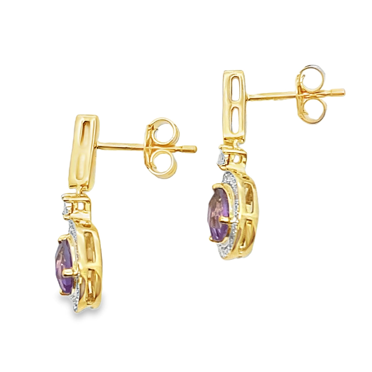 Pendientes colgantes de amatista y diamante de 0,88 ct en oro amarillo de 10 kt