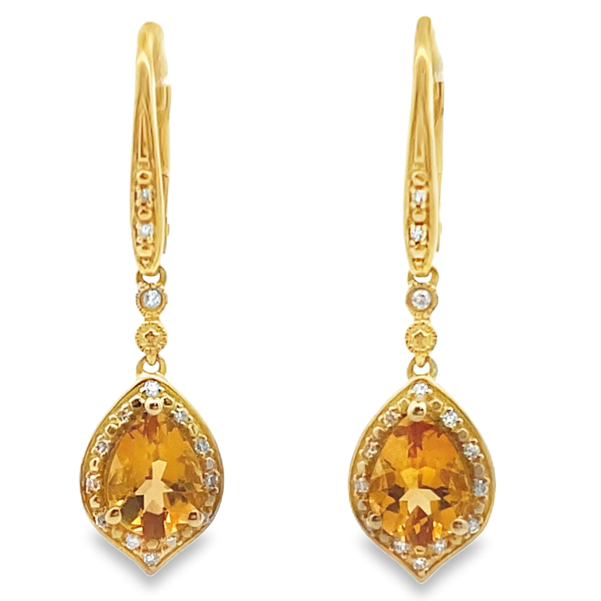 Pendientes colgantes de citrino y diamantes de 1,88 ct, oro amarillo de 10 kt