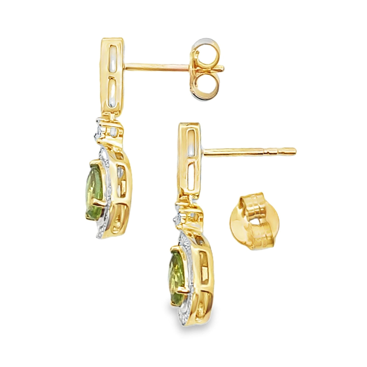 Pendientes colgantes de peridoto y diamante de .96 ct en oro amarillo de 10 kt