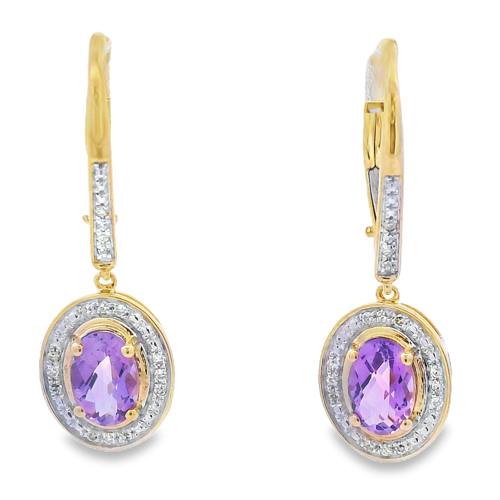 Pendientes colgantes de amatista y diamante de .98ct en oro amarillo de 10kt