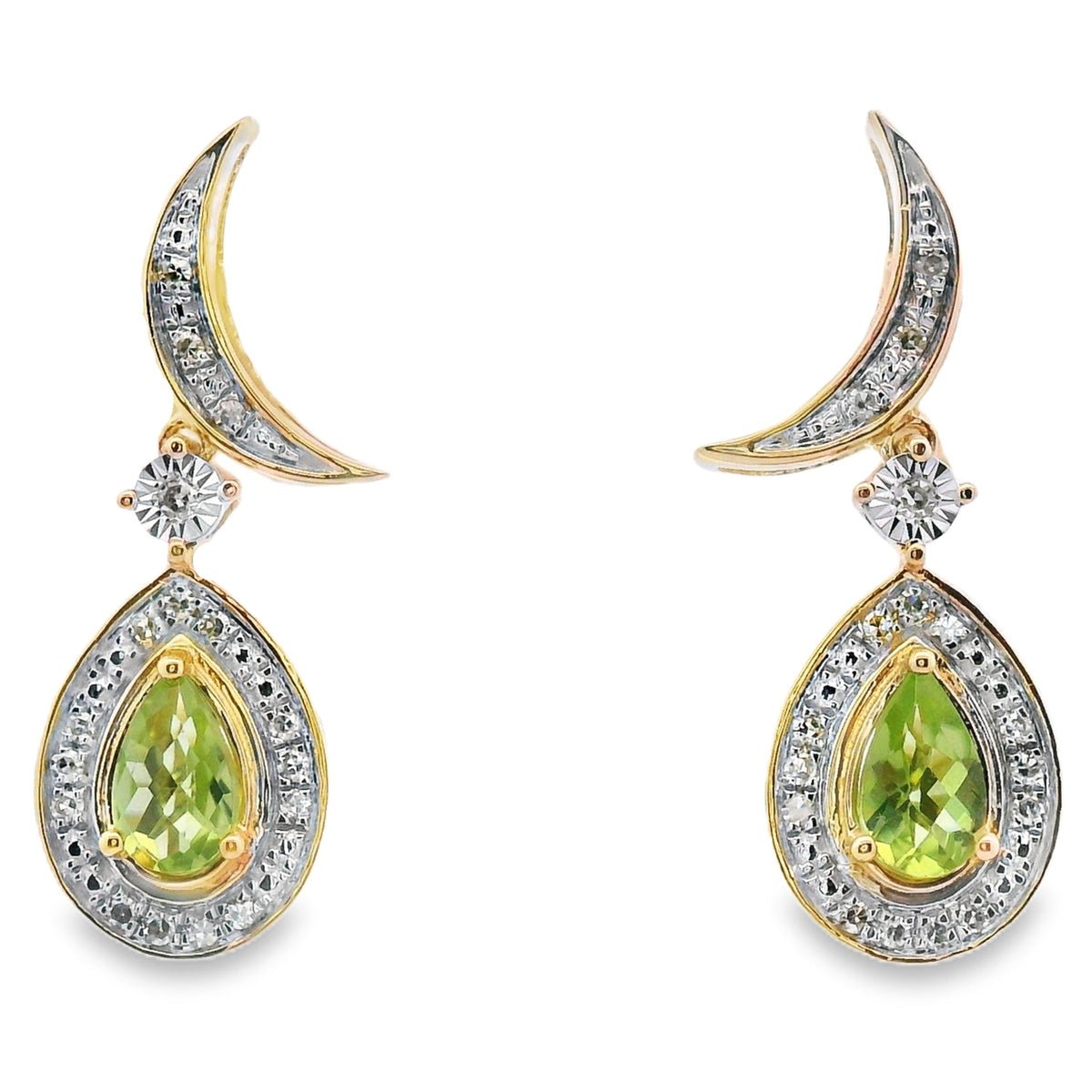 Aretes Colgantes de Peridoto y Diamantes de .52ct en Oro Amarillo de 10KT