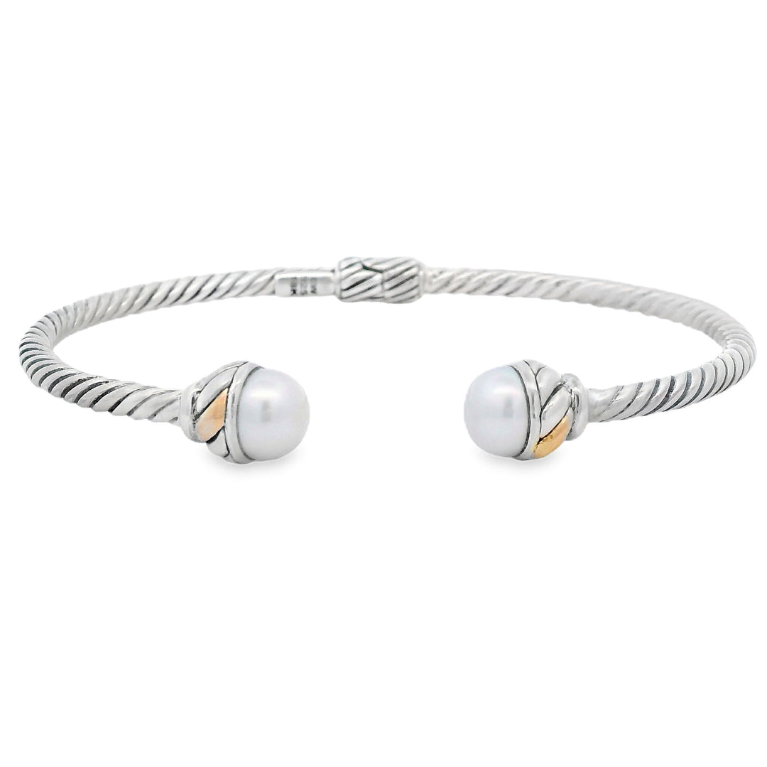 Brazalete rígido de perlas en plata de ley y oro de 18 quilates