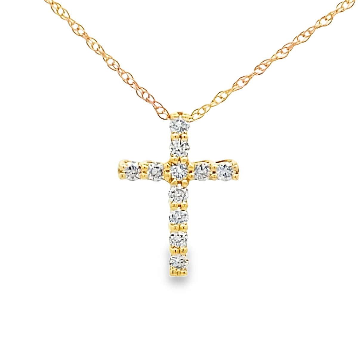 Colgante de cruz religiosa de oro amarillo de 14 quilates con diamante de 0,15 ct