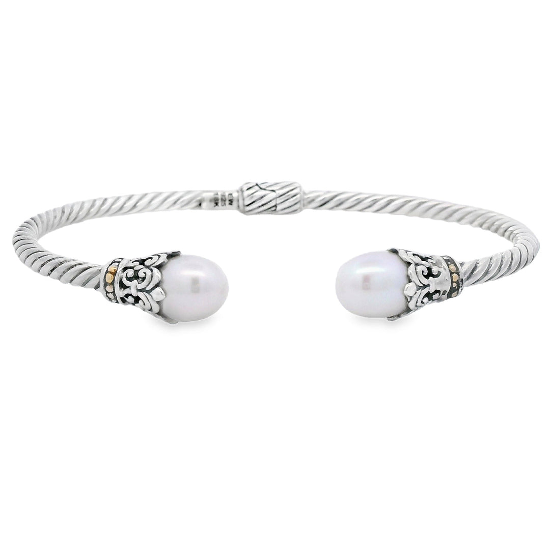 Brazalete rígido de perlas en plata de ley y oro de 18 quilates