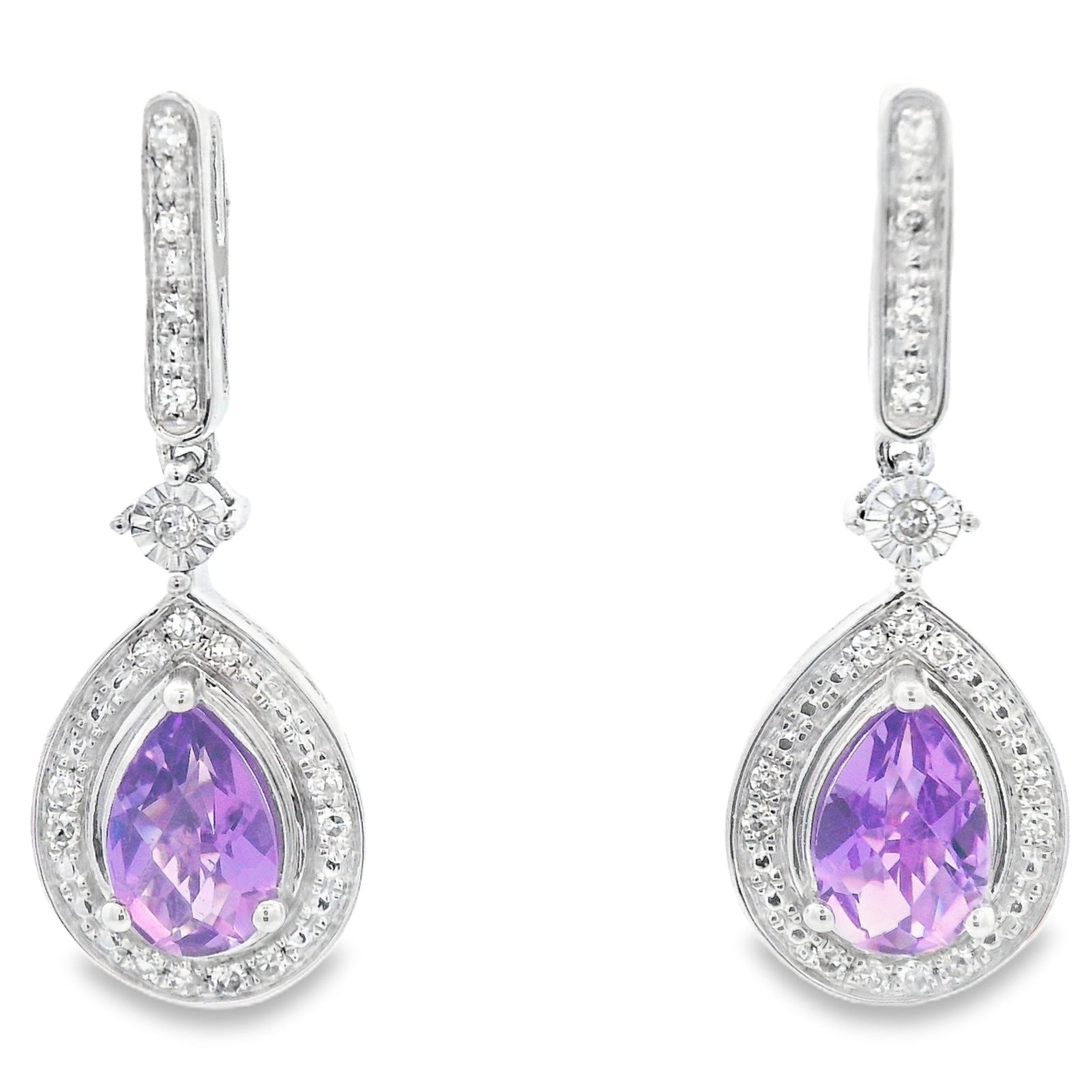 Pendientes colgantes de amatista y diamante de .88ct en oro blanco de 10 kt
