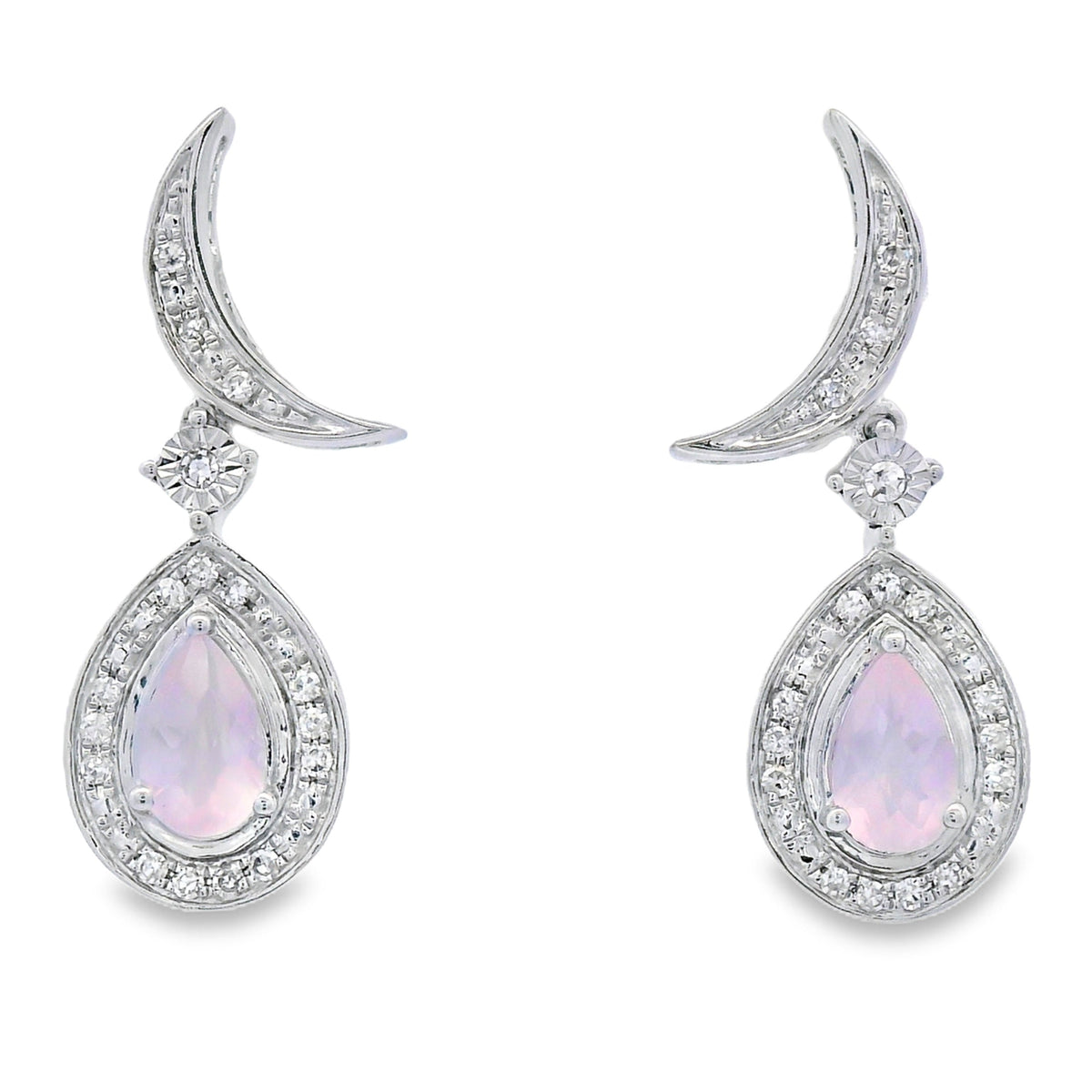 Aretes Colgantes de Cuarzo Rosa y Oro Blanco de 10KT