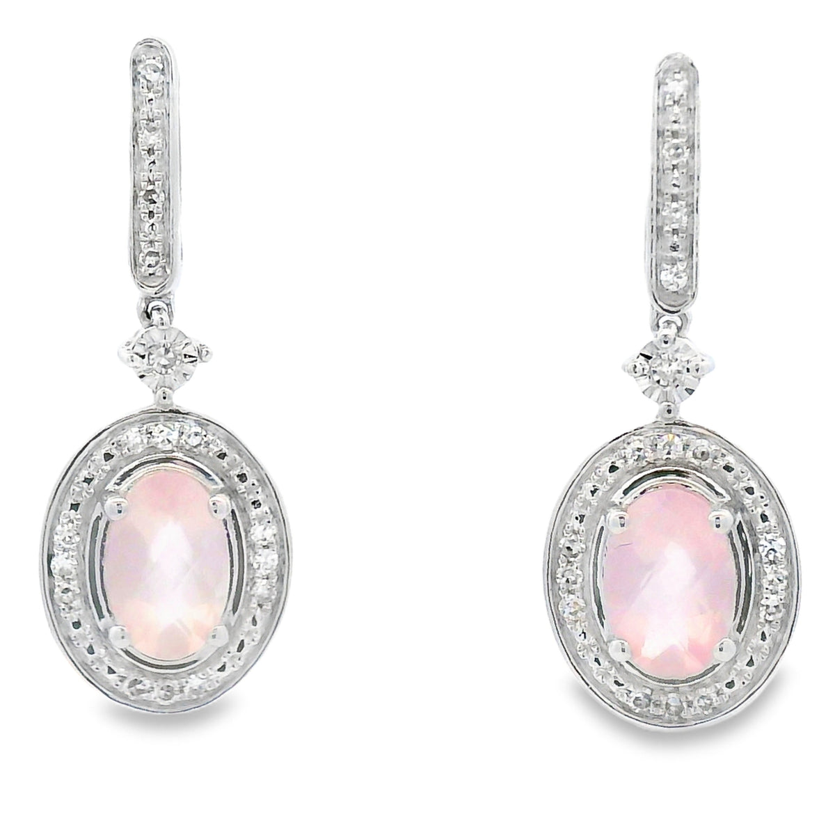 Aretes Colgantes de Cuarzo Rosa y Oro Blanco de 10KT