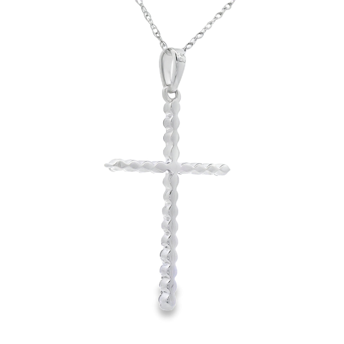 Colgante de cruz religiosa con diamantes de 0,21 ct en oro blanco de 14 kt