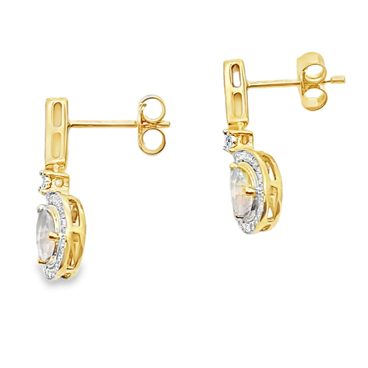 Pendientes Colgantes de Cuarzo Rosa y Diamantes Oro Amarillo de 10KT