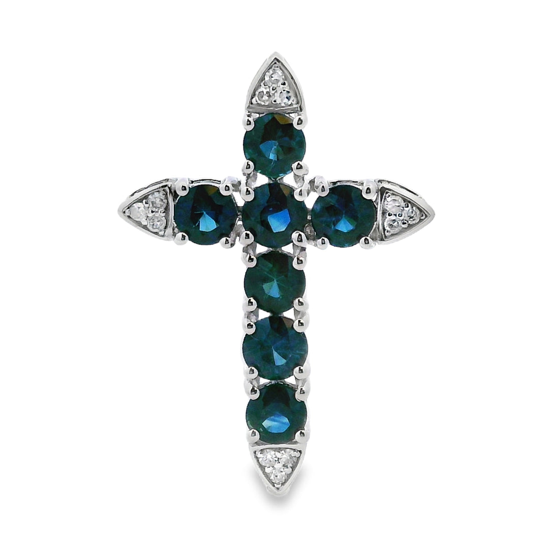 1.68ct Sapphire Cross Religious Pendant 14KT White Gold