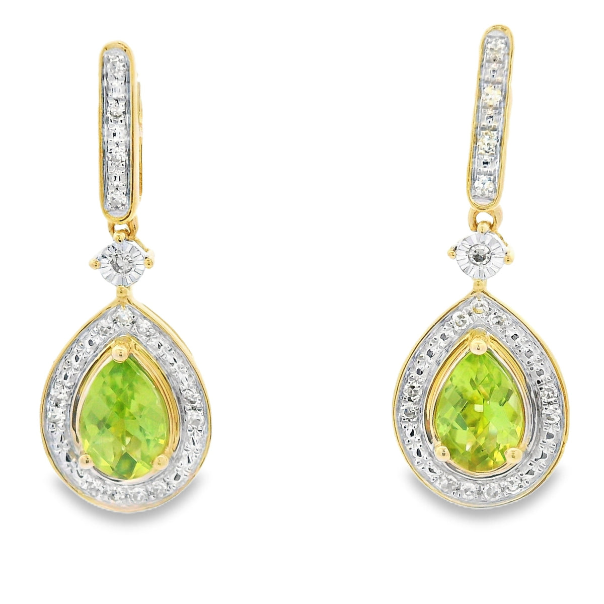 Pendientes colgantes de peridoto y diamante de .96 ct en oro amarillo de 10 kt
