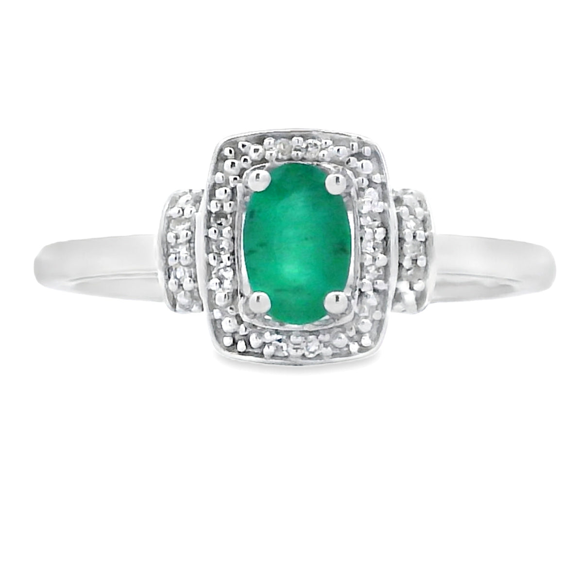 Anillo de oro blanco de 10 quilates con esmeralda genuina de 0,45 ct y diamantes