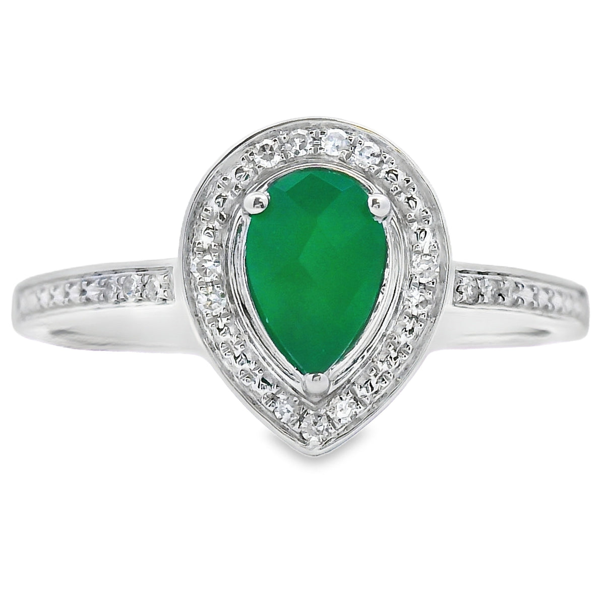 Anillo de oro blanco de 10 qt con calcedonia natural de 0,55 ct y diamantes