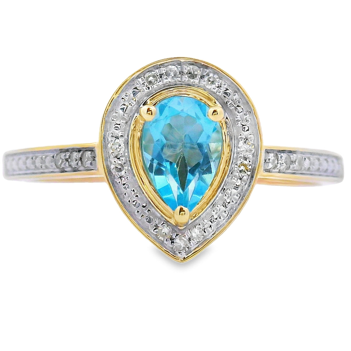 Anillo de oro amarillo de 10 qt con topacio azul y diamantes de 0,54 ct genuino