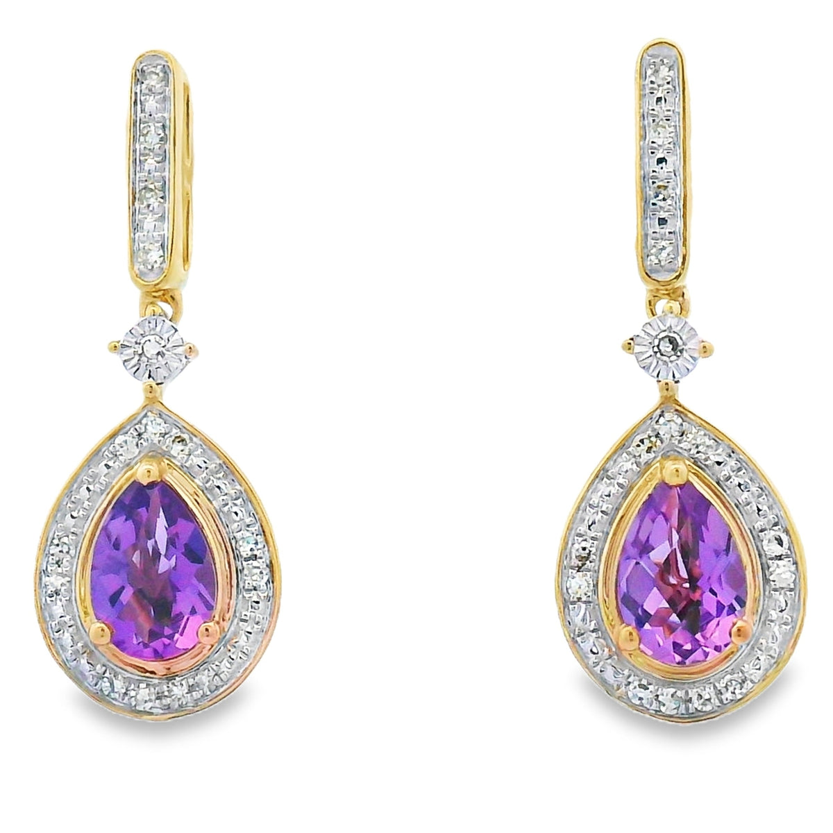 Pendientes colgantes de amatista y diamante de 0,88 ct en oro amarillo de 10 kt