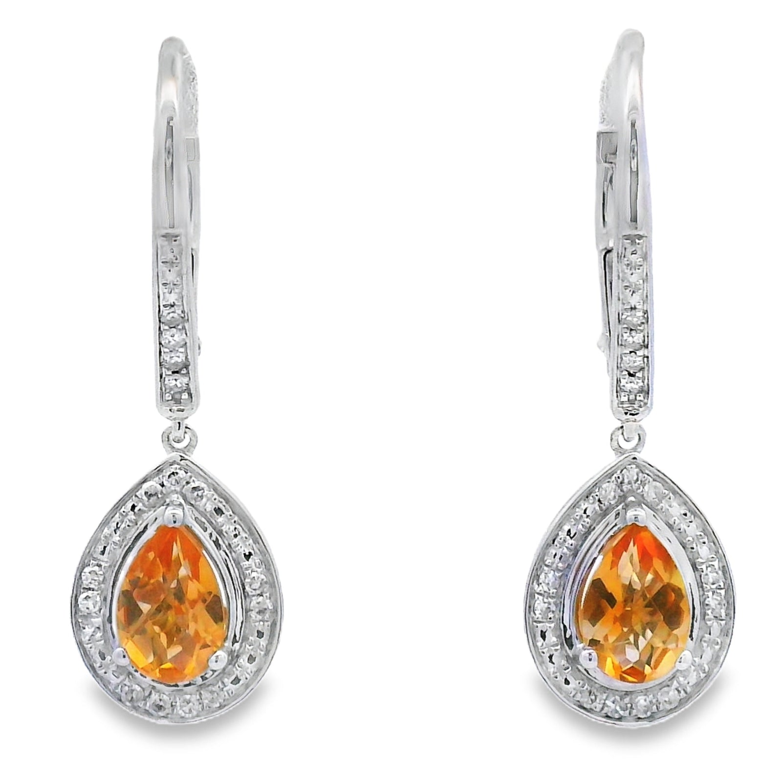 Pendientes colgantes de amatista y diamante de .88ct en oro blanco de 10 kt