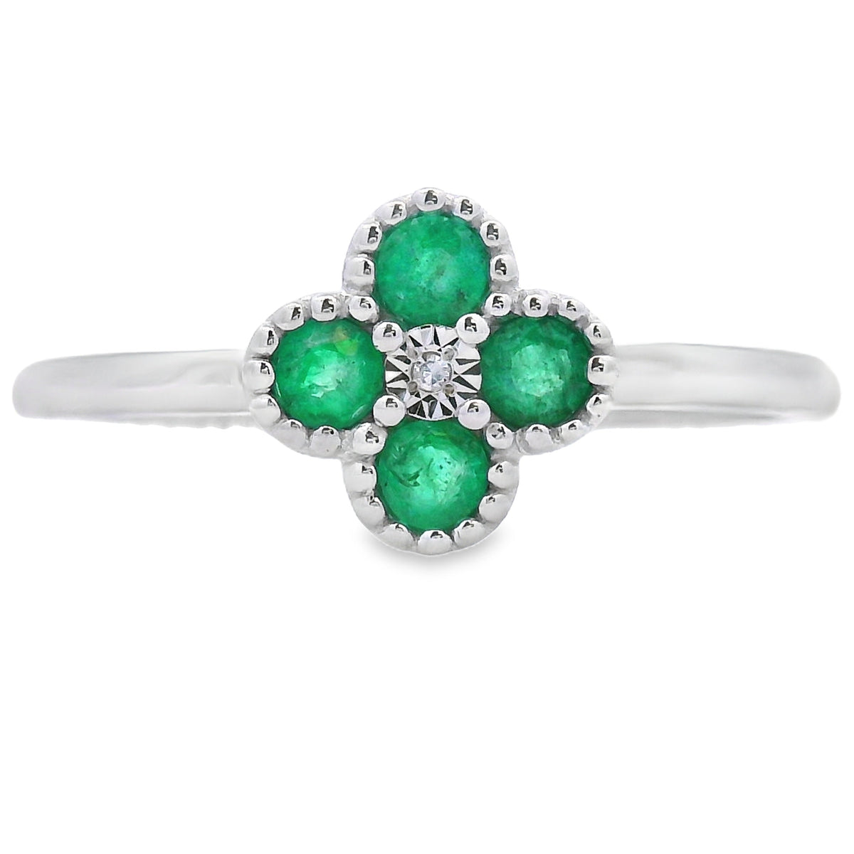 Anillo de esmeralda y diamante auténtico de 0,15 ct, oro blanco de 10 qt
