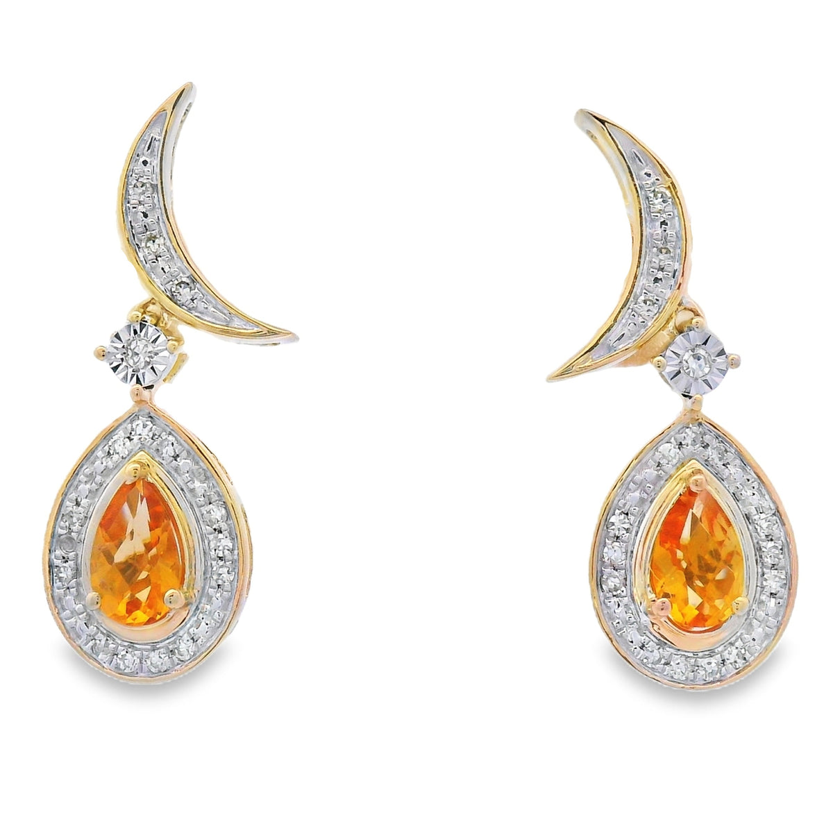 Pendientes colgantes de citrino y diamantes de 0,48 qt en oro amarillo de 10 qt