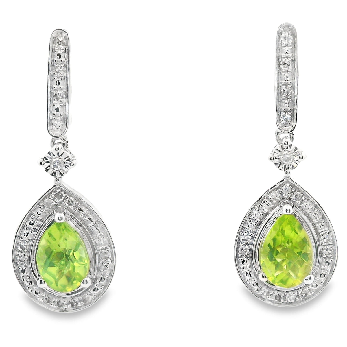 Pendientes Colgantes de Peridoto y Diamantes de .96ct en Oro Blanco de 10KT