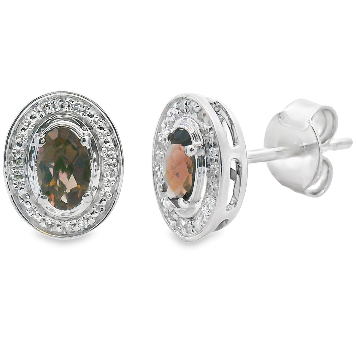 Auténticos aretes de cuarzo y diamante de .45ct en oro blanco de 10kt