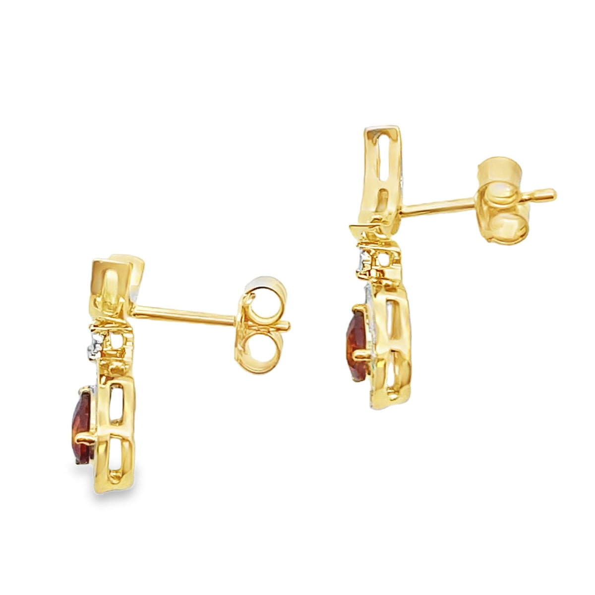 Pendientes colgantes de oro amarillo de 10 KT con diamante y granate de 0,62 ct