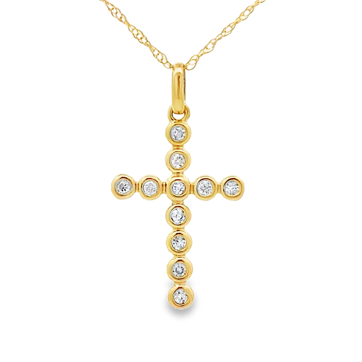 Colgante Religioso de Cruz con Diamante de .09ct en Oro Amarillo de 14KT